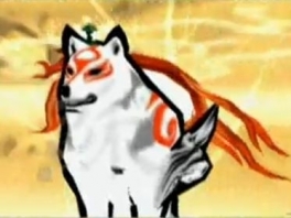 Amaterasu, de heldin van het verhaal met haar kleine hulpje Issun op haar hoofd.